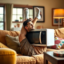 A humorous and surreal scene featuring a famous soccer player, resembling Lionel Messi, playfully kissing a microwave while lying on a couch