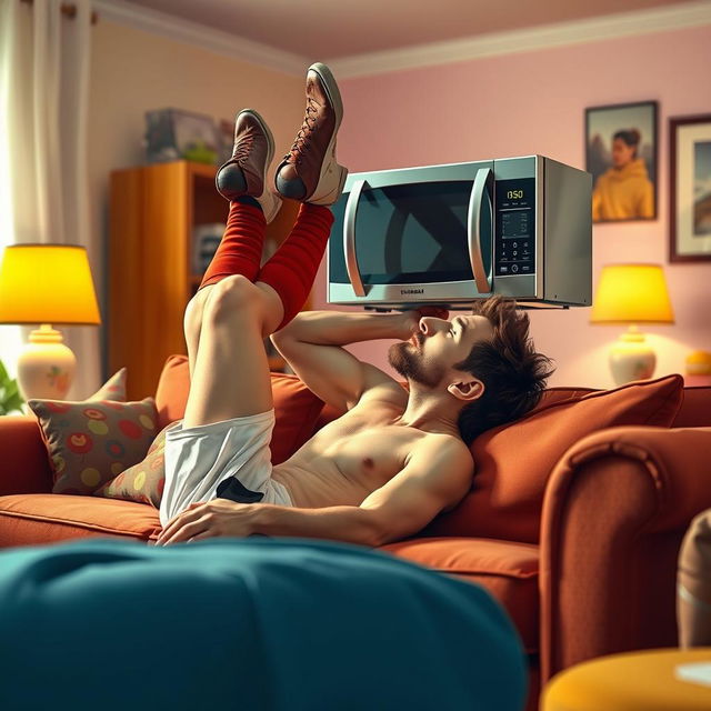 A humorous and surreal scene featuring a famous soccer player, resembling Lionel Messi, playfully kissing a microwave while lying on a couch