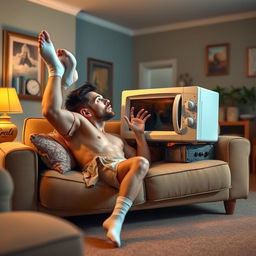 A humorous and surreal scene featuring a famous soccer player, resembling Lionel Messi, playfully kissing a microwave while lying on a couch