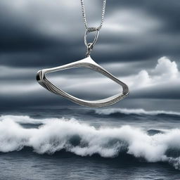 A digital art image featuring a modern, stylized silver hanger set against a backdrop of stormy sea waves