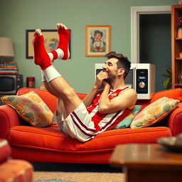 A humorous and surreal image of a famous soccer player, resembling Lionel Messi, depicted in a playful scene where he is kissing a microwave while lying on a couch