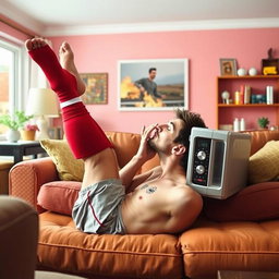 A humorous and surreal image of a famous soccer player, resembling Lionel Messi, depicted in a playful scene where he is kissing a microwave while lying on a couch