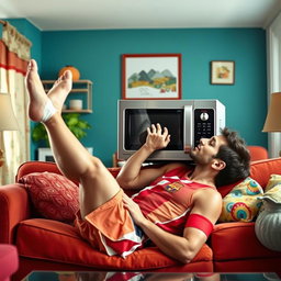 A humorous and surreal image of a famous soccer player, resembling Lionel Messi, depicted in a playful scene where he is kissing a microwave while lying on a couch