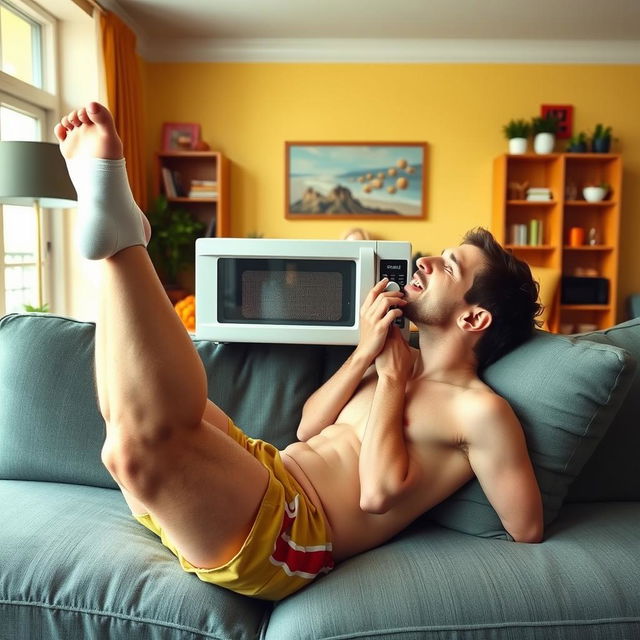 A humorous and surreal image of a famous soccer player, resembling Lionel Messi, depicted in a playful scene where he is kissing a microwave while lying on a couch