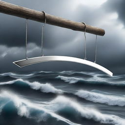 A digital art image featuring a modern, stylized silver hanger set against a backdrop of stormy sea waves