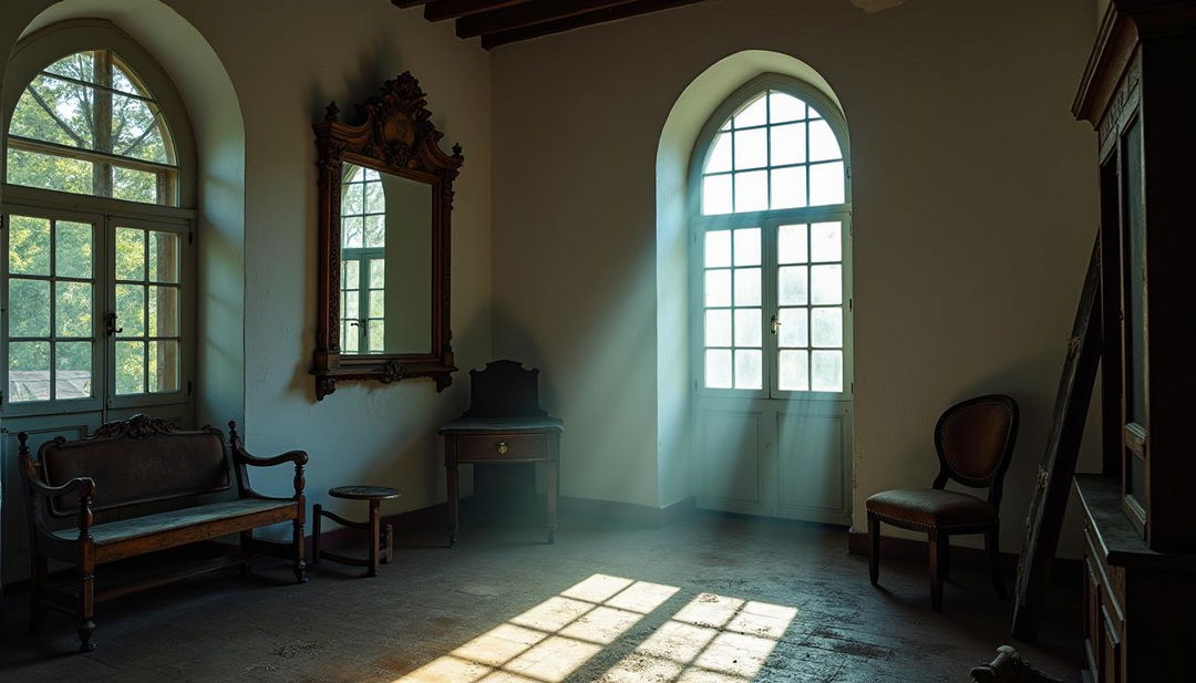 An old colonial museum featuring white walls that contrast with the dim light streaming through large glass windows, creating an unsettling yet intriguing atmosphere