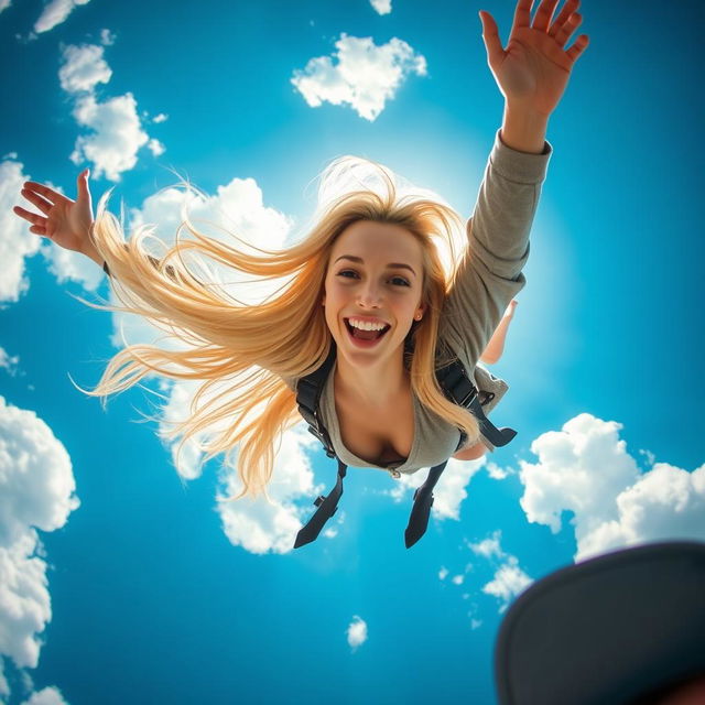 A beautiful blonde woman with long flowing hair, dressed in a stylish outfit, falling gracefully from the sky while taking a selfie with a joyful expression on her face