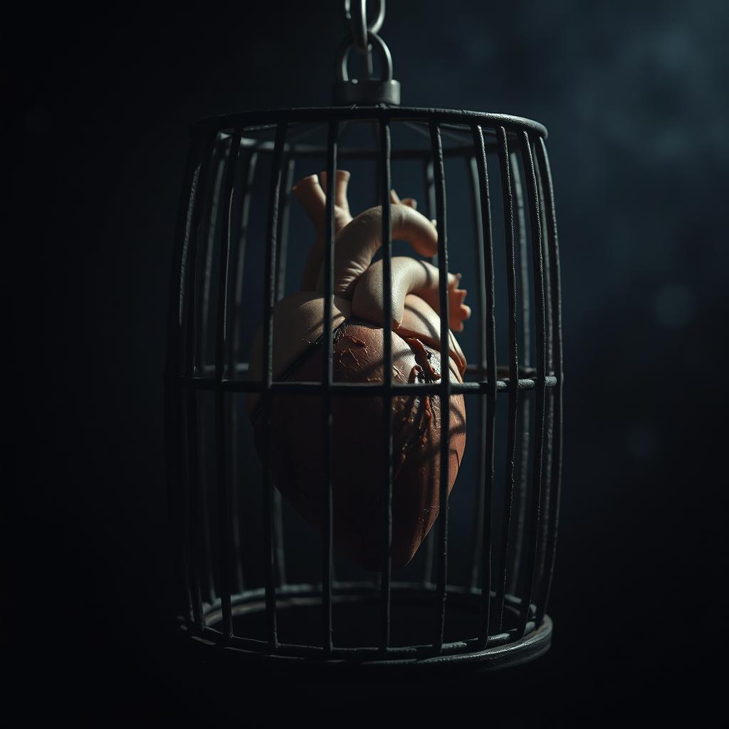 A dark, brooding scene depicting a human heart encased within a prison-like cage, symbolizing pain and isolation