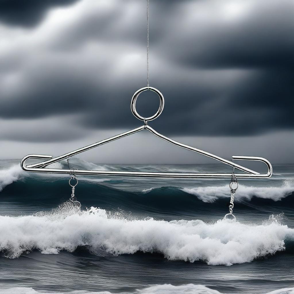 A digital art image featuring a modern, stylized silver hanger set against a backdrop of stormy sea waves