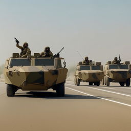 2 armored vehicles on a one-lane freeway followed by 10 combatants in military fatigue, armed with assault rifles, missile launcher and radio