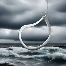 A digital art image featuring a modern, stylized silver hanger set against a backdrop of stormy sea waves