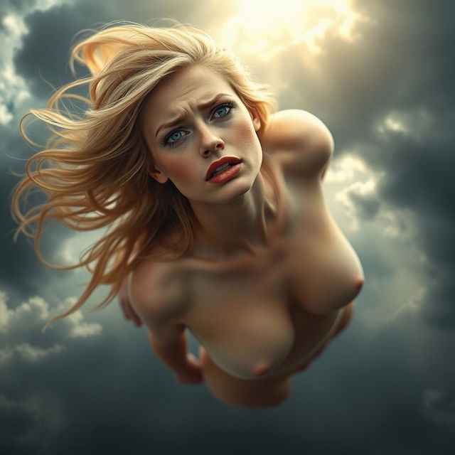 A beautiful nude woman with long blonde hair, striking blue eyes, and red lips, falling gracefully from a cloudy sky