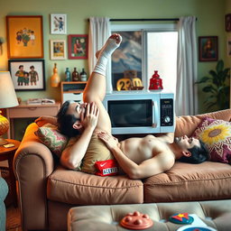 A quirky and humorous scene featuring a famous soccer player, resembling Lionel Messi, playfully kissing a microwave while lying on his back on a couch