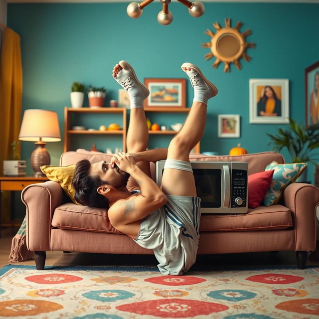 A quirky and humorous scene featuring a famous soccer player, resembling Lionel Messi, playfully kissing a microwave while lying on his back on a couch