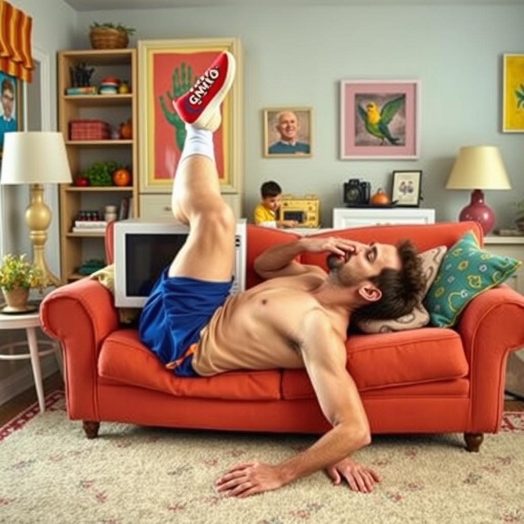 A quirky and humorous scene featuring a famous soccer player, resembling Lionel Messi, playfully kissing a microwave while lying on his back on a couch