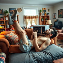 A quirky and humorous scene featuring a famous soccer player, resembling Lionel Messi, playfully kissing a microwave while lying on his back on a couch