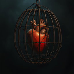 A dark and moody scene depicting a heart encaged in a rusty, iron cage, symbolizing pain and loneliness