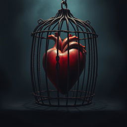 A dark and moody scene depicting a heart encaged in a rusty, iron cage, symbolizing pain and loneliness