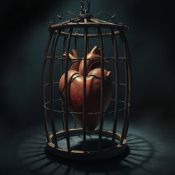 A dark and moody scene depicting a heart encaged in a rusty, iron cage, symbolizing pain and loneliness