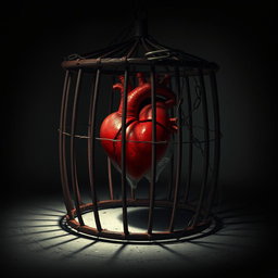 A dark and moody scene depicting a heart encaged in a rusty, iron cage, symbolizing pain and loneliness