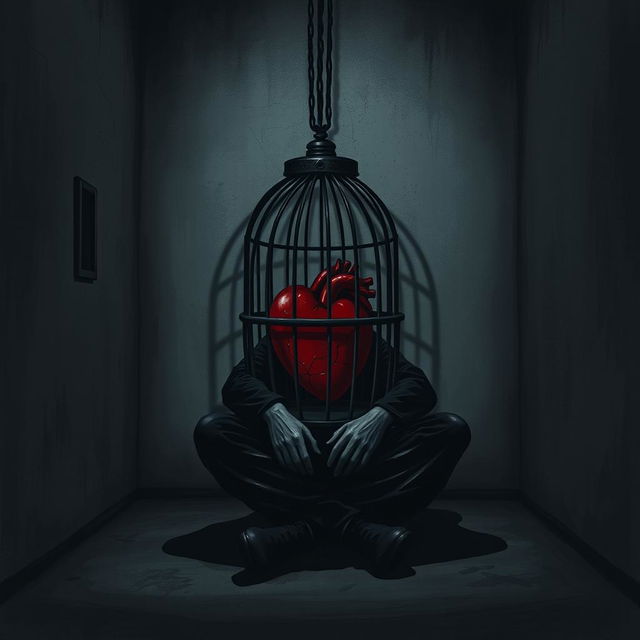 A dark-themed image depicting a solitary figure sitting in a dimly lit space, surrounded by a sense of pain and loneliness