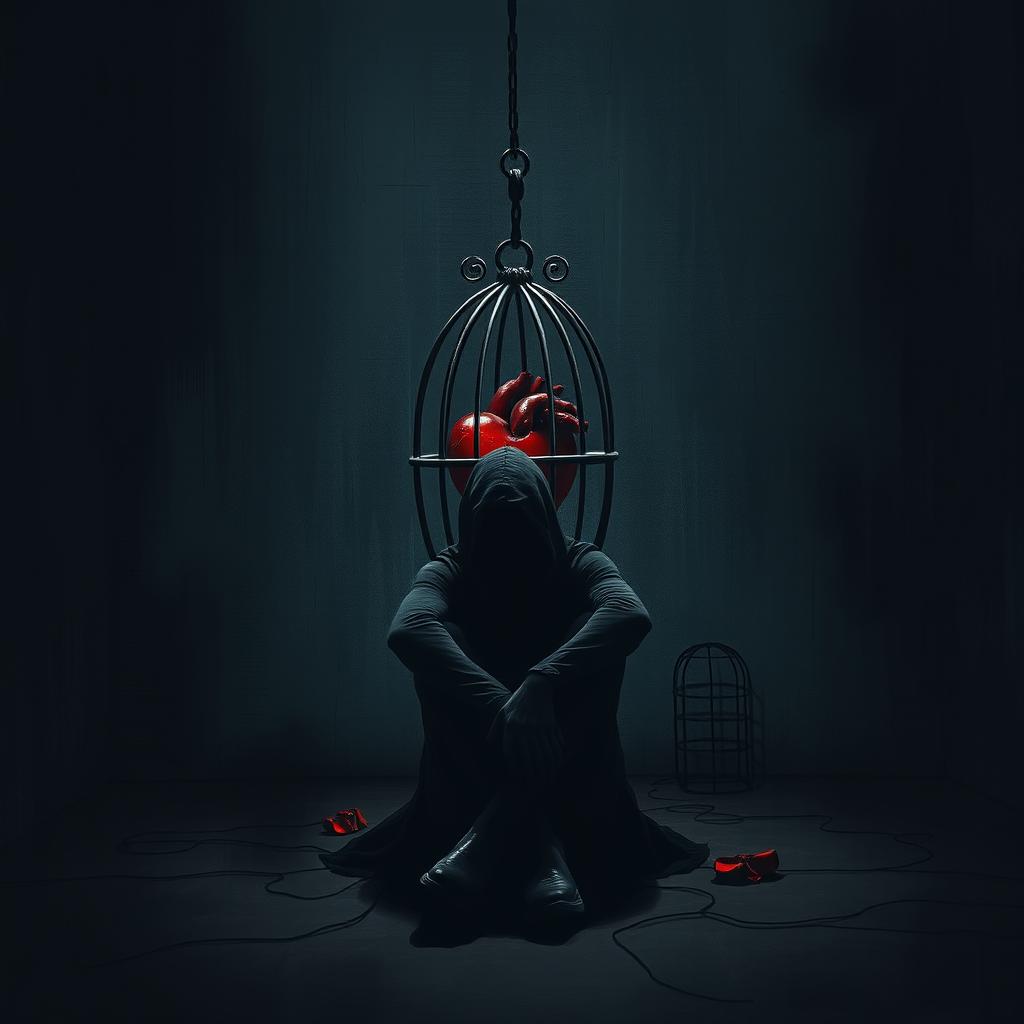 A dark-themed image depicting a solitary figure sitting in a dimly lit space, surrounded by a sense of pain and loneliness