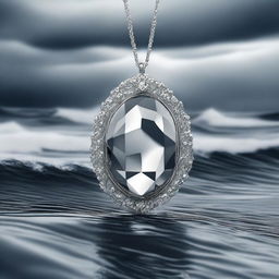 A high-quality digital art image featuring a modern, stylized silver jewel set against a backdrop of stormy sea waves