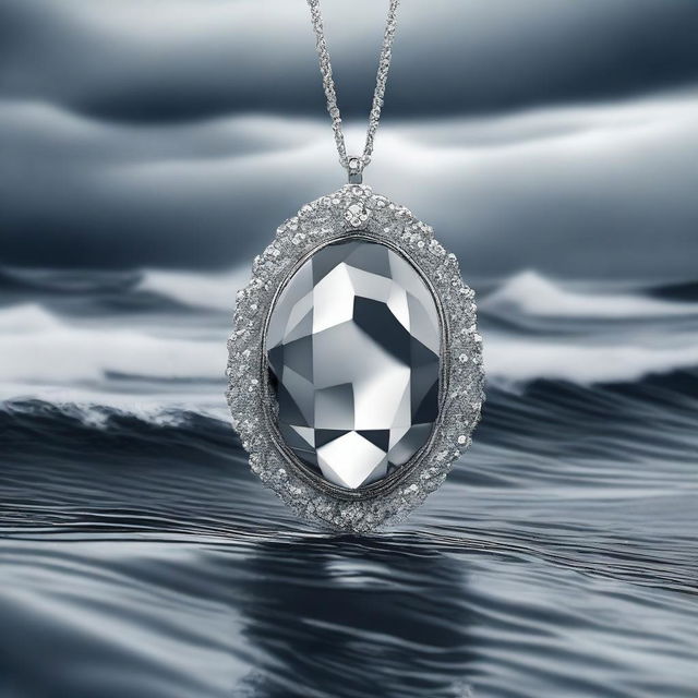 A high-quality digital art image featuring a modern, stylized silver jewel set against a backdrop of stormy sea waves