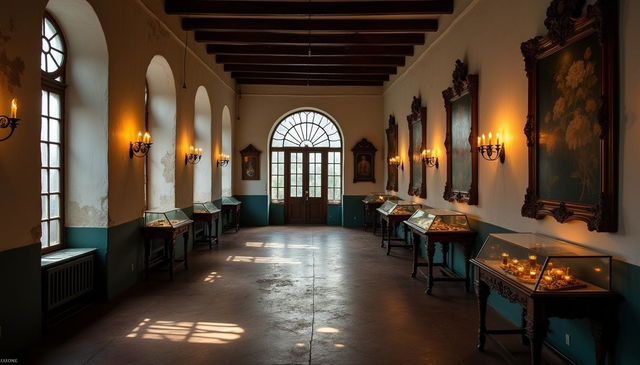 An old colonial museum with elegant white walls that exude a sense of worthiness and history, features large glass windows allowing dim light to filter in, casting an enchanting yet eerie glow throughout the space