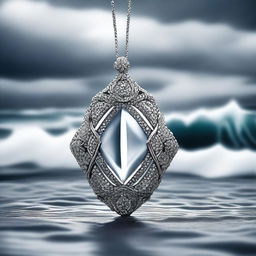 A high-quality digital art image featuring a modern, stylized silver jewel set against a backdrop of stormy sea waves