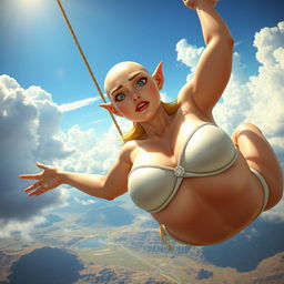 A beautiful bald elf woman with striking blue eyes and luscious red lips, wearing a tiny bikini, is falling from the sky