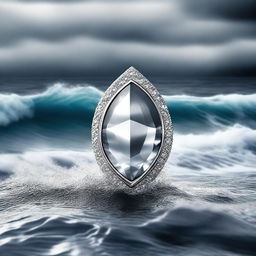 A high-quality digital art image featuring a modern, stylized silver jewel set against a backdrop of stormy sea waves