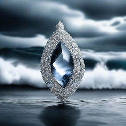 A high-quality digital art image featuring a modern, stylized silver jewel set against a backdrop of stormy sea waves