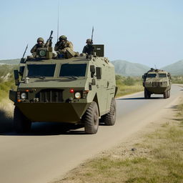 2 armored vehicles on a one-lane freeway followed by 10 combatants in military fatigue, armed with assault rifles, missile launcher and radio