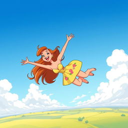 A whimsical illustration of a beautiful cartoon woman gracefully falling from the sky, reminiscent of Wile E