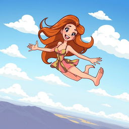 A whimsical illustration of a beautiful cartoon woman gracefully falling from the sky, reminiscent of Wile E