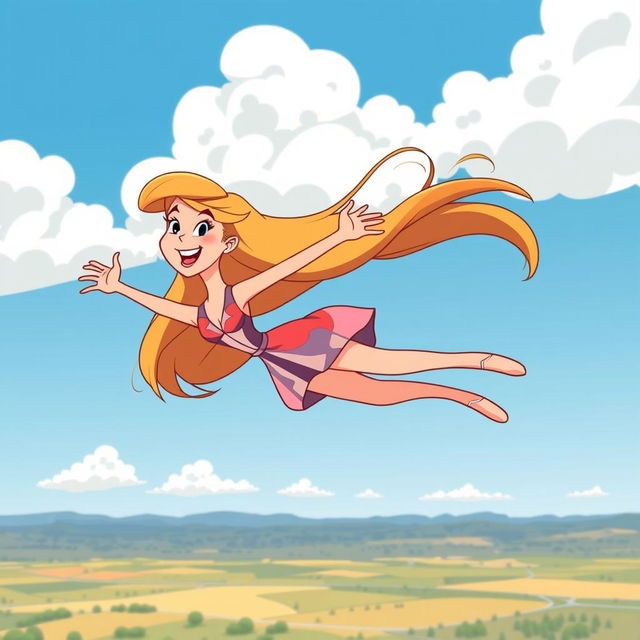 A whimsical illustration of a beautiful cartoon woman gracefully falling from the sky, reminiscent of Wile E