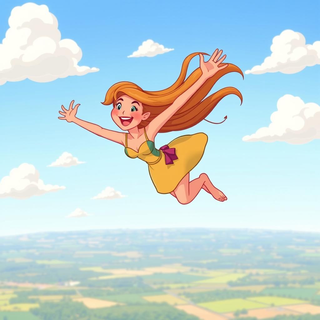 A whimsical illustration of a beautiful cartoon woman gracefully falling from the sky, reminiscent of Wile E