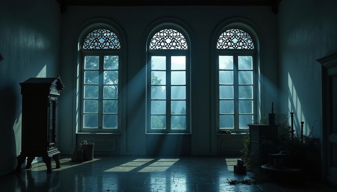 An old colonial museum at night, featuring pristine white walls that look worthy and elegant, enhanced by the atmospheric glow of dim moonlight streaming through large glass windows