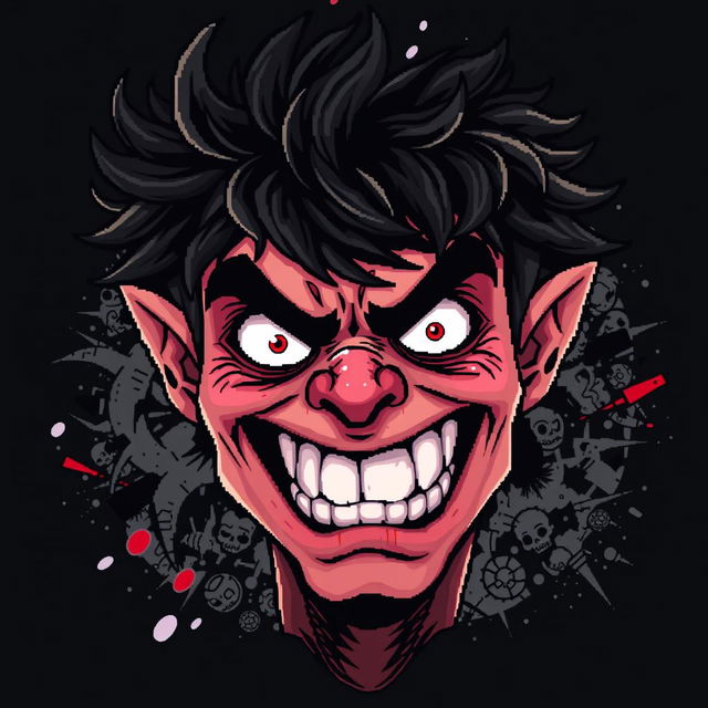 A detailed pixel art portrait of a maniac, featuring an exaggerated, expressive face with wild eyes and messy hair, set against a dark, moody background