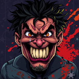 A detailed pixel art portrait of a maniac, featuring an exaggerated, expressive face with wild eyes and messy hair, set against a dark, moody background