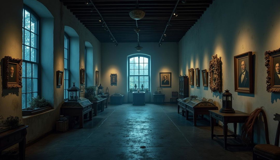 An old colonial museum at night, featuring pristine white walls that evoke a sense of worthiness amidst an eerie atmosphere