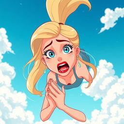 A beautiful blonde cartoon woman with striking blue eyes and vibrant red lips, falling from the sky