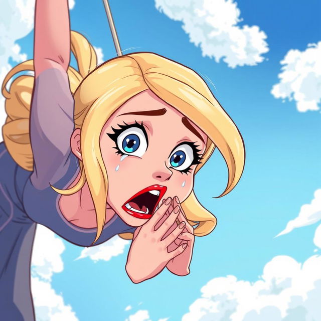 A beautiful blonde cartoon woman with striking blue eyes and vibrant red lips, falling from the sky