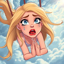 A beautiful blonde cartoon woman with striking blue eyes and vibrant red lips is depicted falling from the sky, her expression filled with fear and desperation