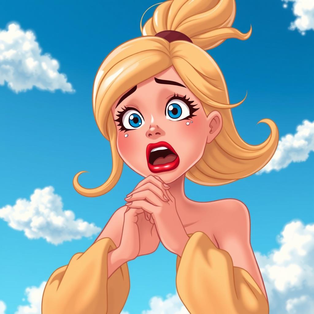 A beautiful blonde cartoon woman with striking blue eyes and bright red lips falling from the sky