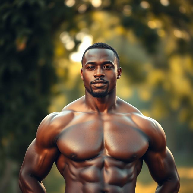 An African man of strong physique, standing confidently and proudly with a serene expression