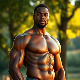 An African man of strong physique, standing confidently and proudly with a serene expression