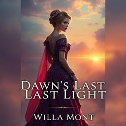 A fantasy book cover for 'Dawn's Last Light' by Willa Mont, featuring an elegant woman in royal attire