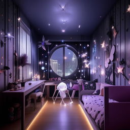 Design a modern, simple room for an 18-year-old, tomboyish yet girly girl with a balcony. Incorporate black, blue, purple, grey, and white lights arranged in moon and star designs. Blend Sanatan Dharma elements with anime and K-Drama themes along with a butterfly mirror wall decor.